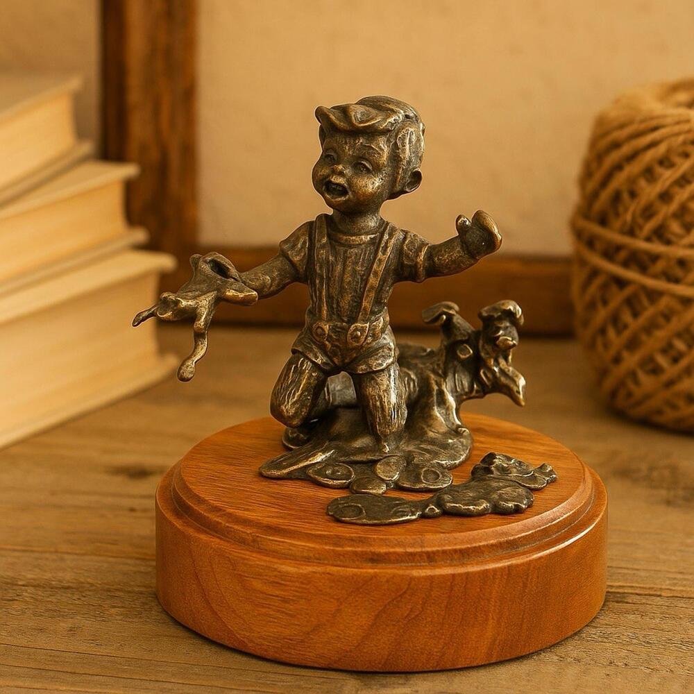 Dan Levin USA 1970 Cast Metal Boy Dog & Frogs Figurine On Wood Base, 3x4”